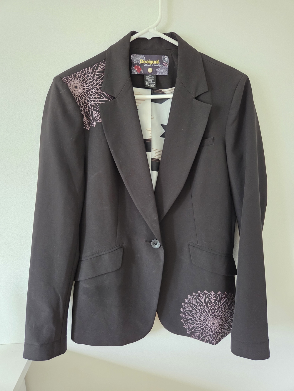 Desigual Black Tailored Blazer Printed Mandala Jacket Size 38 US 6 / 8
